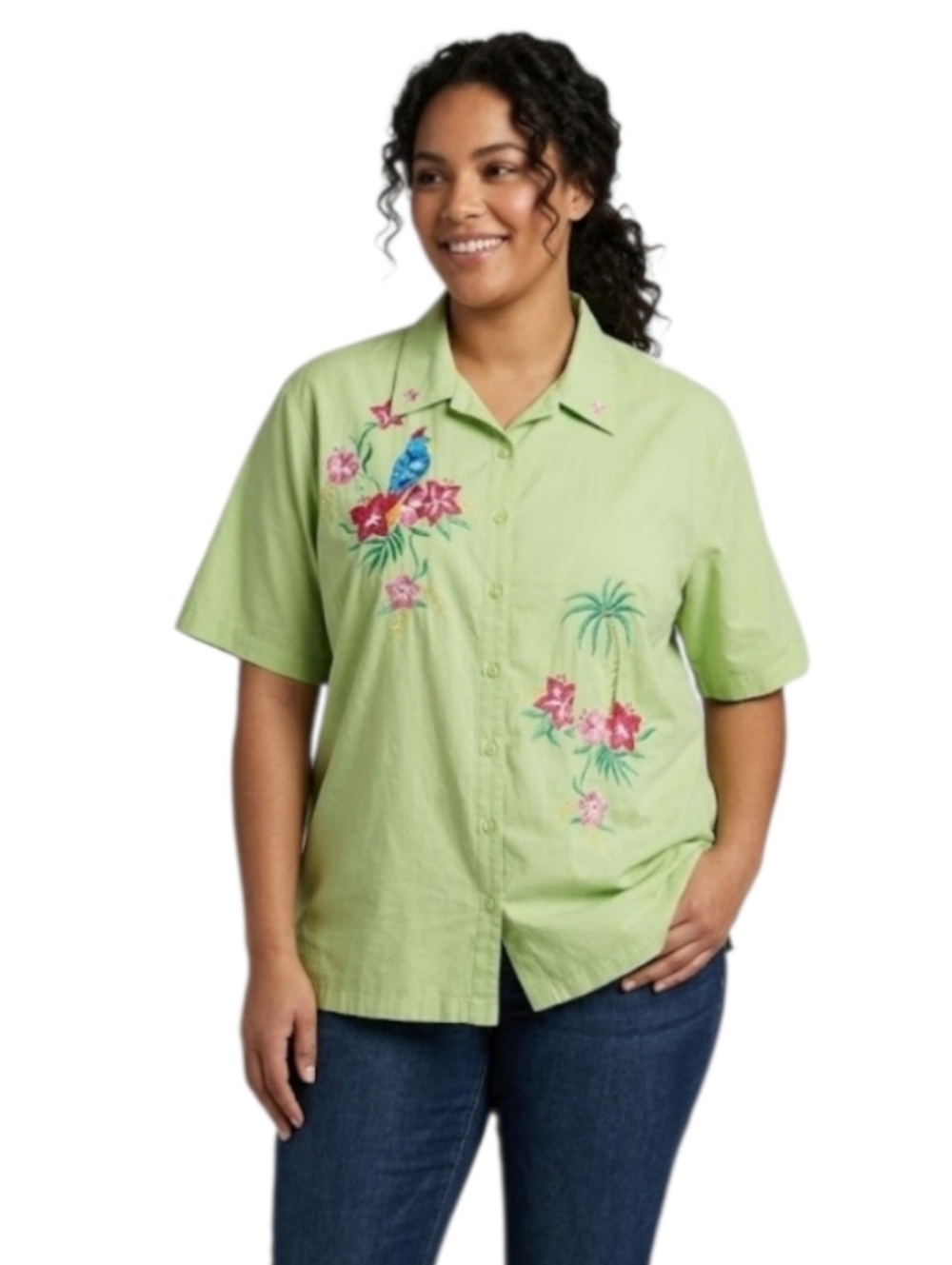 Bobbie Brooks Vintage Green Embroidered Parrot And Floral Top Size 26/28‎